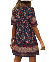 Bohemian Floral Print V-neck Short Sleeve Mini Dress